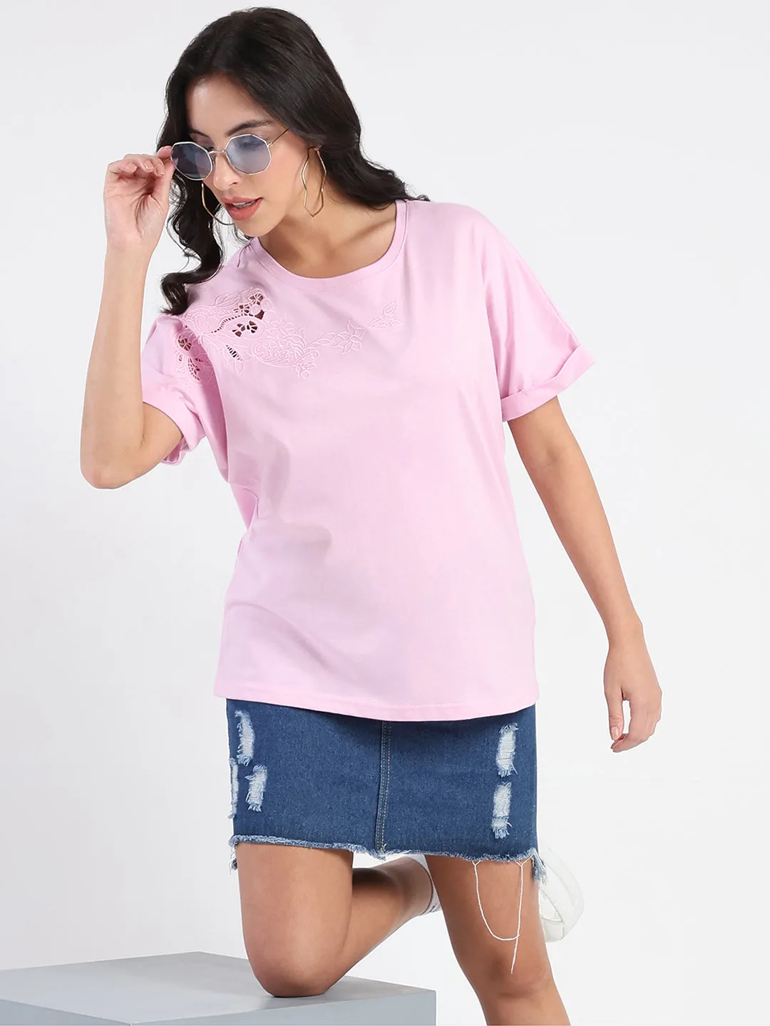 Madame Embroidery Cutwork Detail Solid Lilac Cotton T-shirt NonIrritatingTags