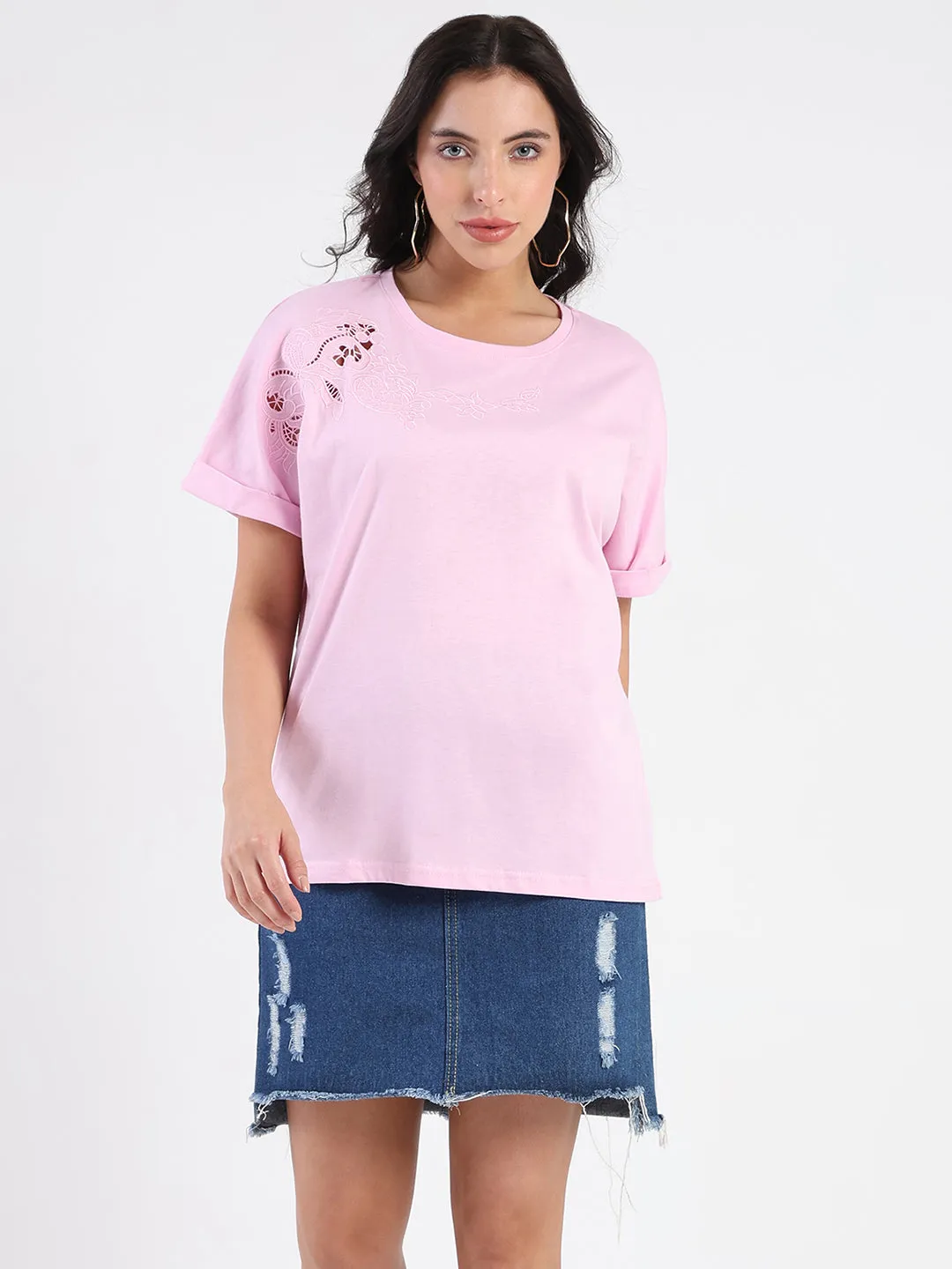Madame Embroidery Cutwork Detail Solid Lilac Cotton T-shirt Layered Hem Design
