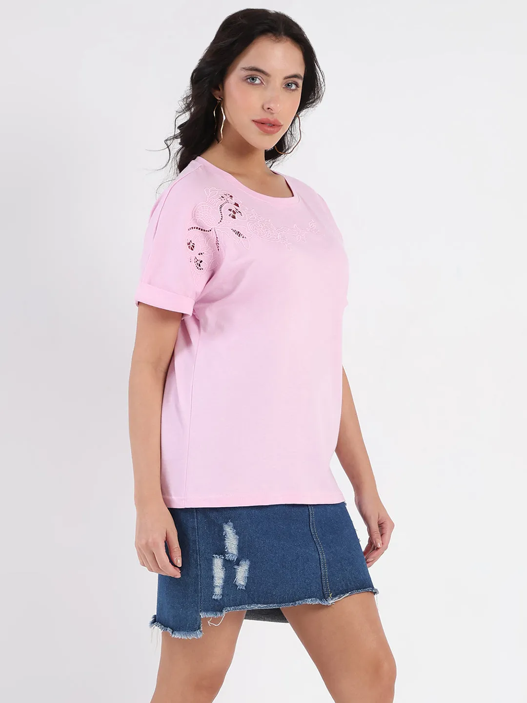 Casual Active Embroidered Madame Embroidery Cutwork Detail Solid Lilac Cotton T-shirt