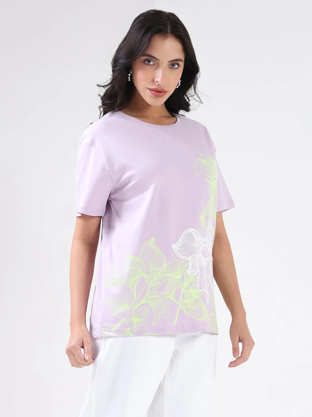 Geometric Print Madame Graphic Print Cord Detailed Lilac Sinker T-Shirt