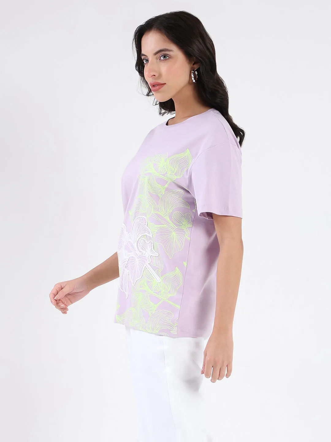 Madame Graphic Print Cord Detailed Lilac Sinker T-Shirt Casual Style Wear Everyday Top