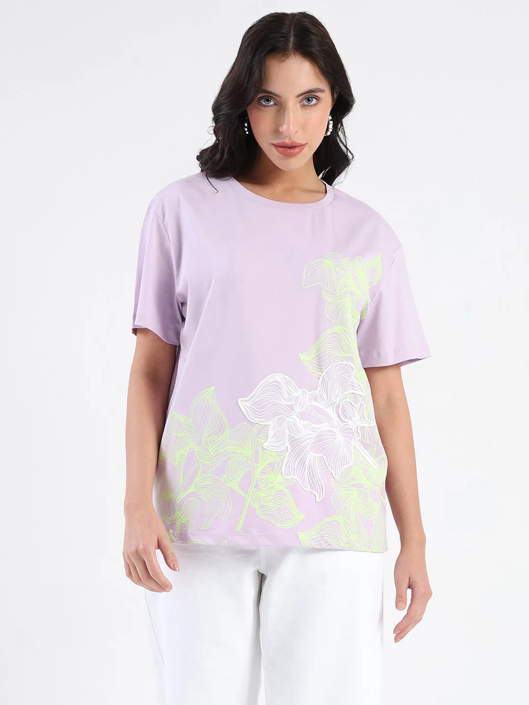 Roomy Comfort Madame Graphic Print Cord Detailed Lilac Sinker T-Shirt