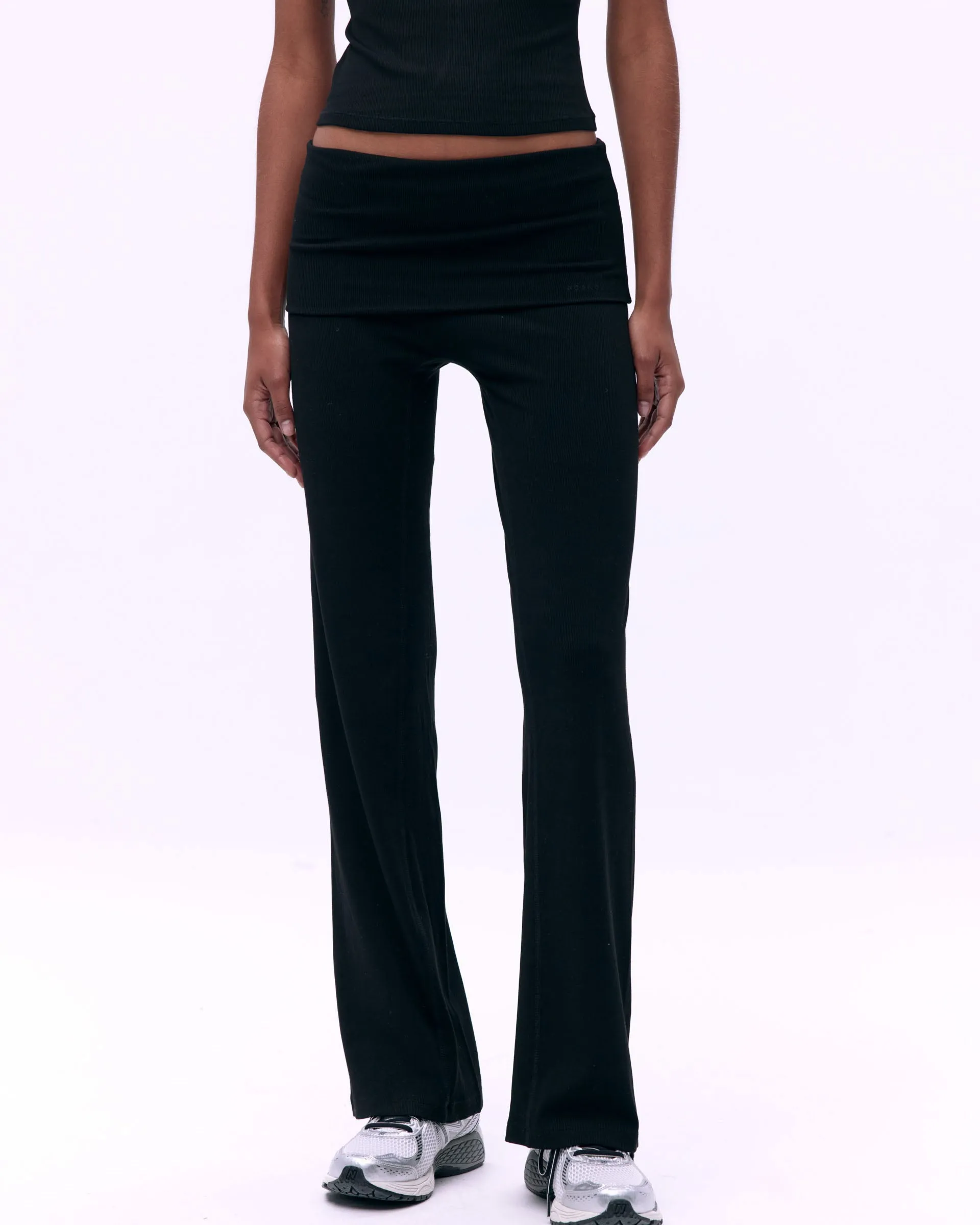 Compression Support Lining Hidden Zip Pockets Rib Fold Over Pants - Black