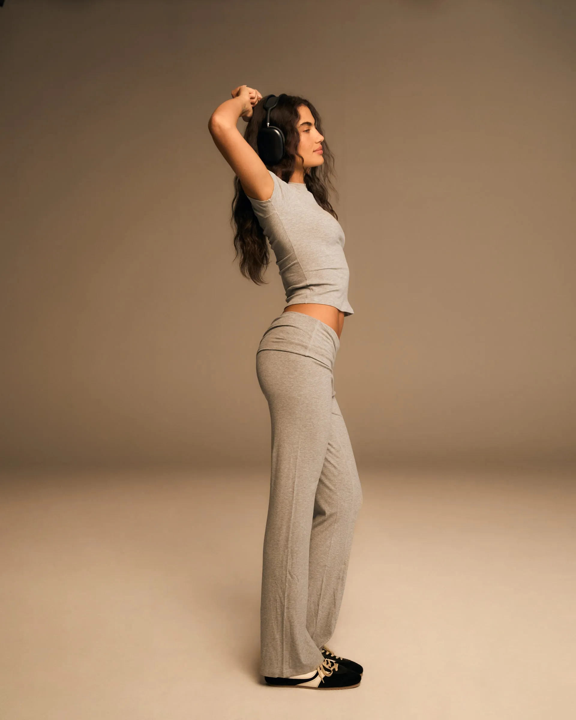 Cozy Stretch Rib Fold Over Pants - Grey Melange