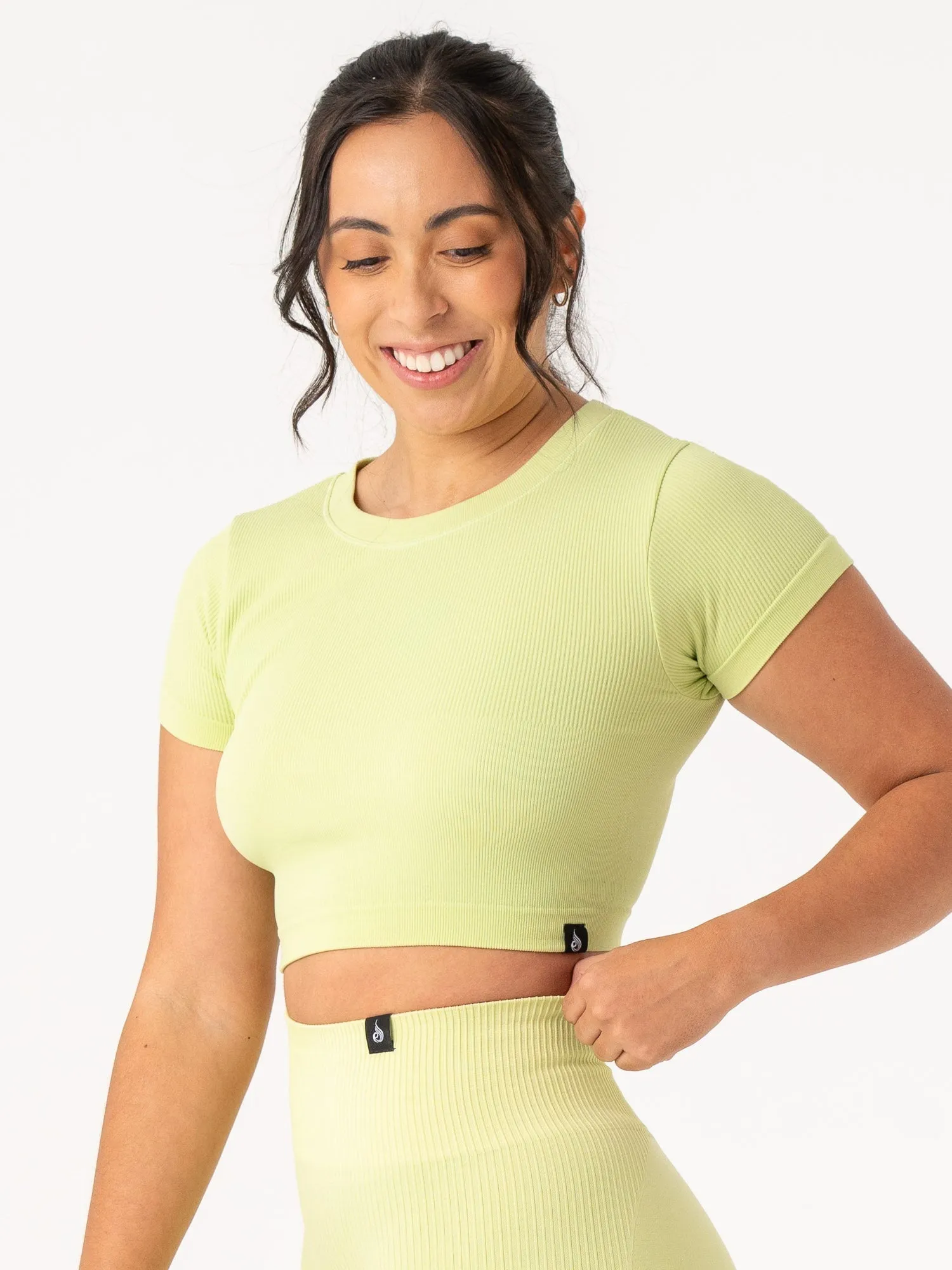 Zip Up Rib Seamless T-Shirt - Lime