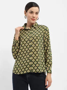 Matte Finish Soft Stretch Collar Madame Geometric Print Mustard Yellow Regular Shirt