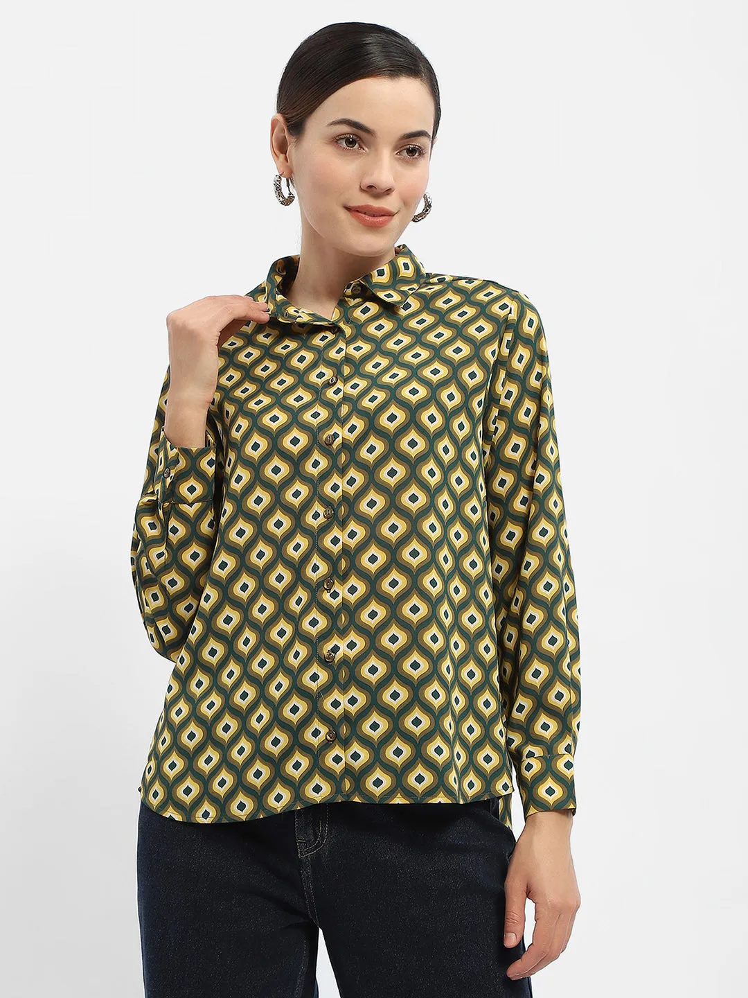 Matte Finish Soft Stretch Collar Madame Geometric Print Mustard Yellow Regular Shirt