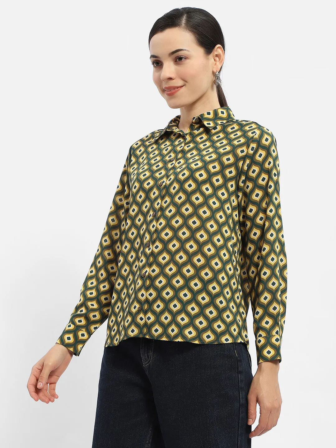 Stretchy Cloth Madame Geometric Print Mustard Yellow Regular Shirt