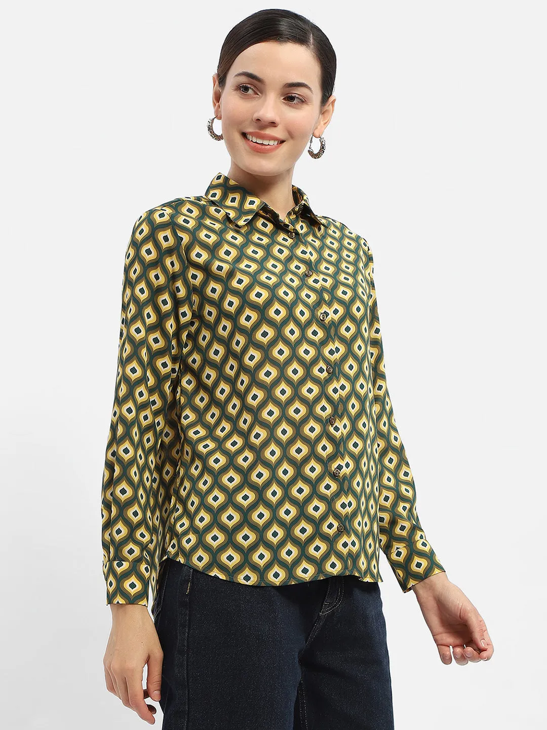 Smart Look Trendy Fashion Madame Geometric Print Mustard Yellow Regular Shirt