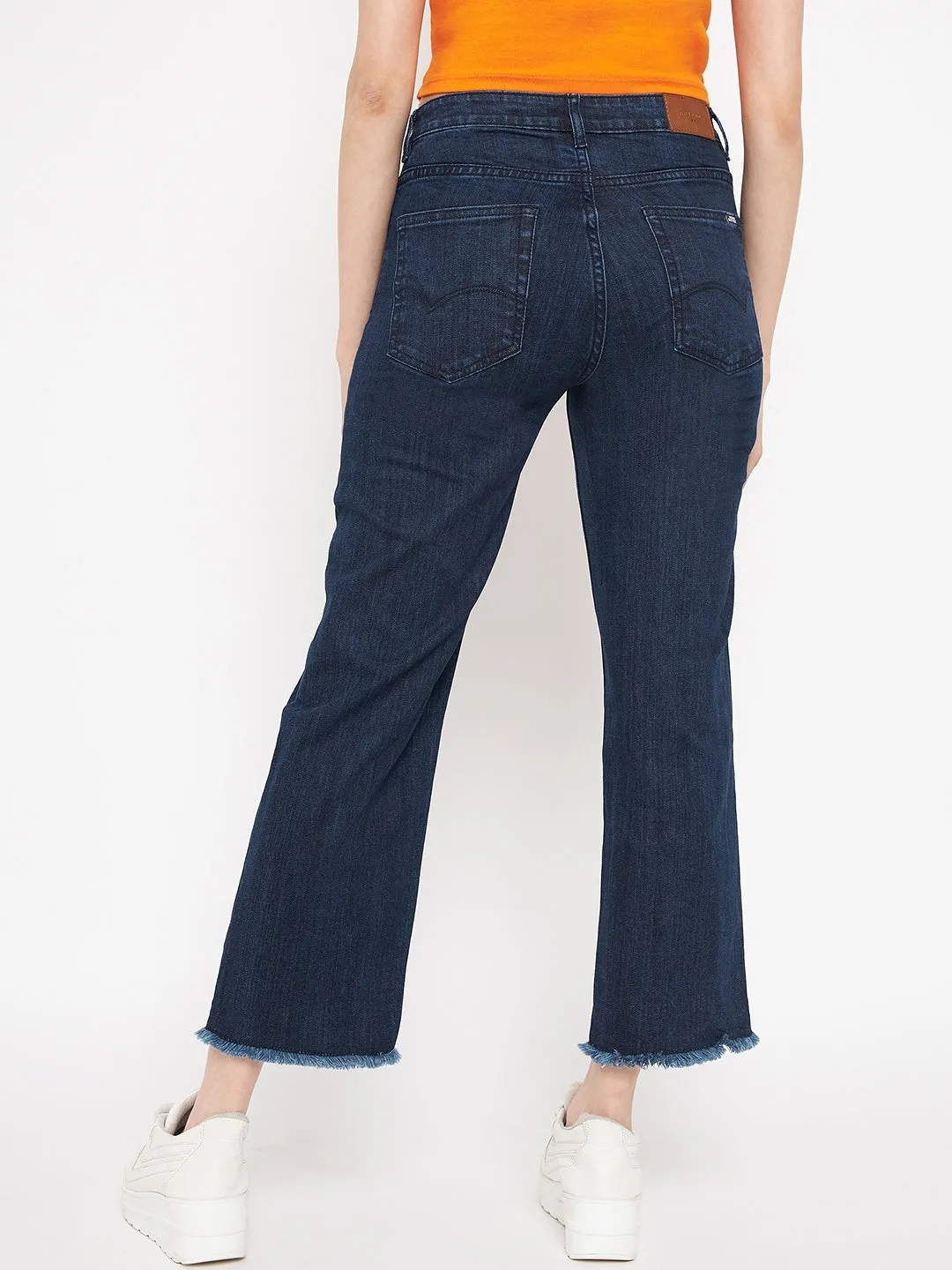 Madame Distressed Hem Solid Blue Denim Durable Weave Vibrant Bold Look Street Fashion