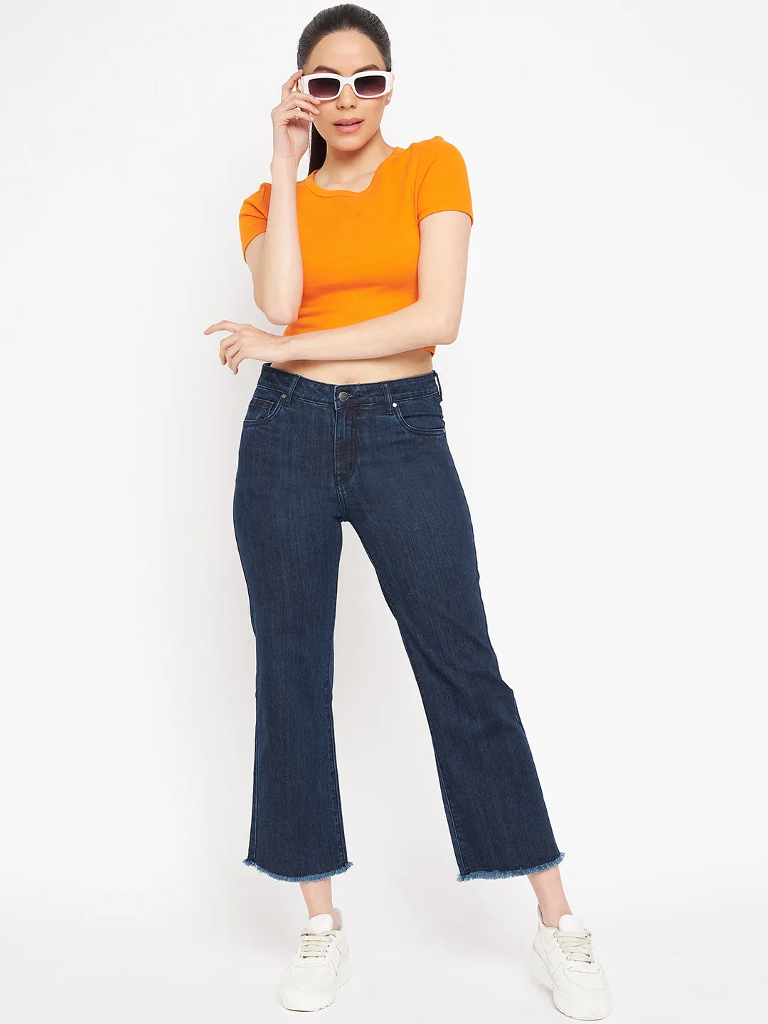 Gym Ready Slim Teen Outfit Travel Ready Madame Distressed Hem Solid Blue Denim