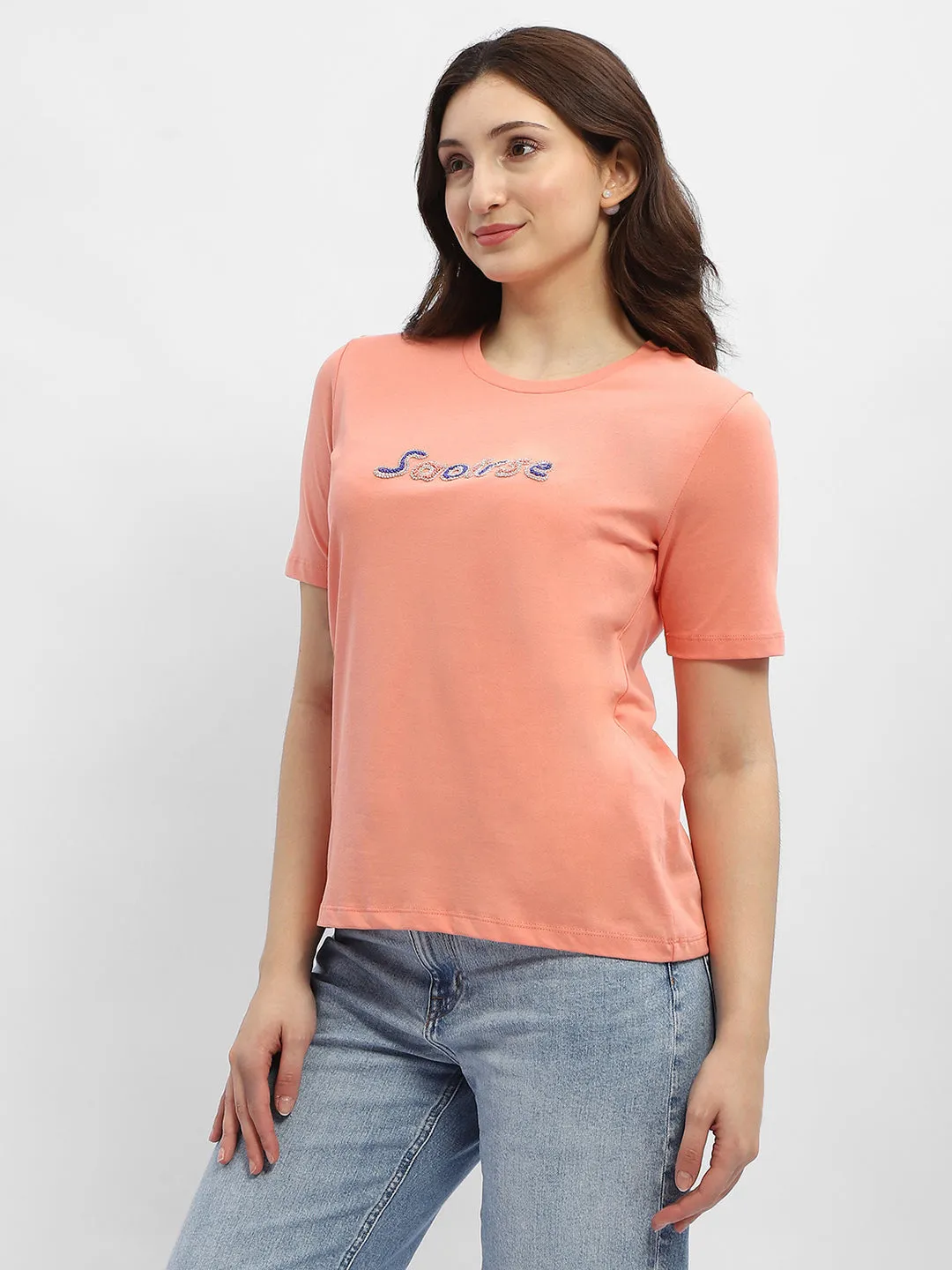 Vibrant Prints Madame Typography Salmon Cotton T-Shirt