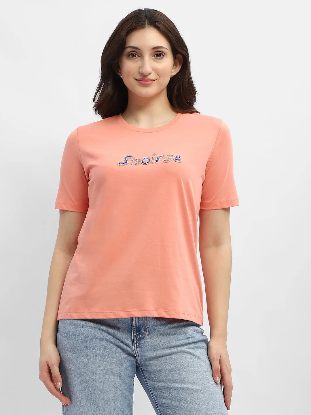 Day-to-Night Look Heathered Texture Madame Typography Salmon Cotton T-Shirt