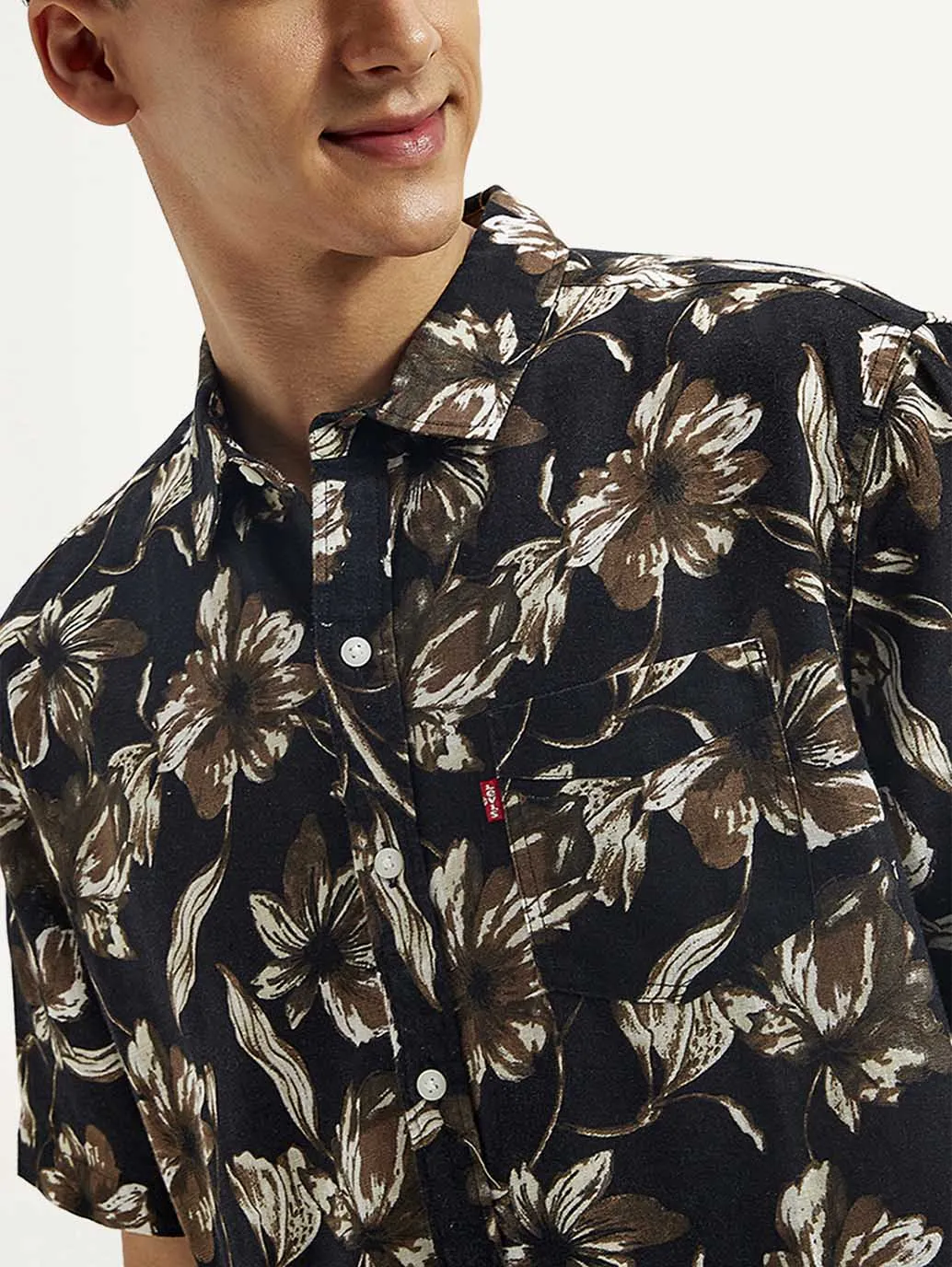 Men's Floral Slim Fit Linen Shirt Microfiber Material high-low hem