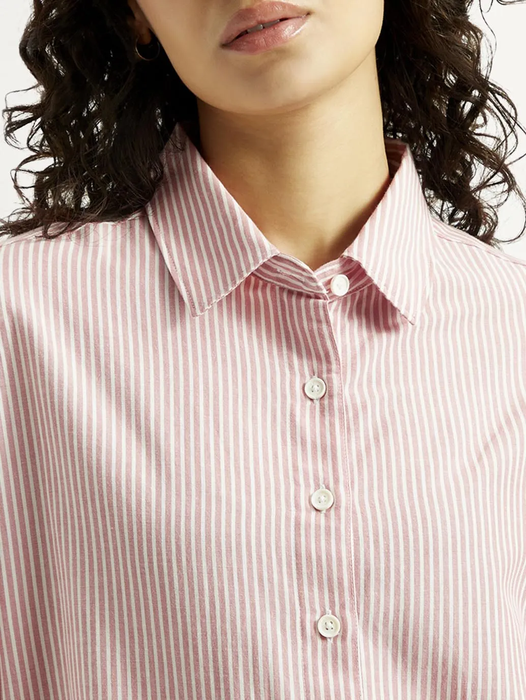 Women's Striped Slim Fit Linen Shirt Tuckable Hem
