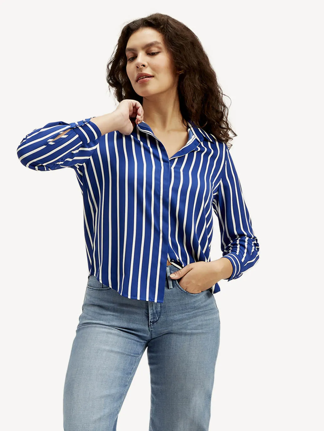 Women's Striped Spread Collar Shirt Workwear Option Embroidered Detail