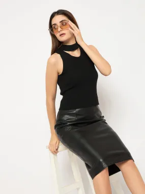 Madame Black Ribbed Sleeveless Cutout Sweater Urban Layer Curved Hemline