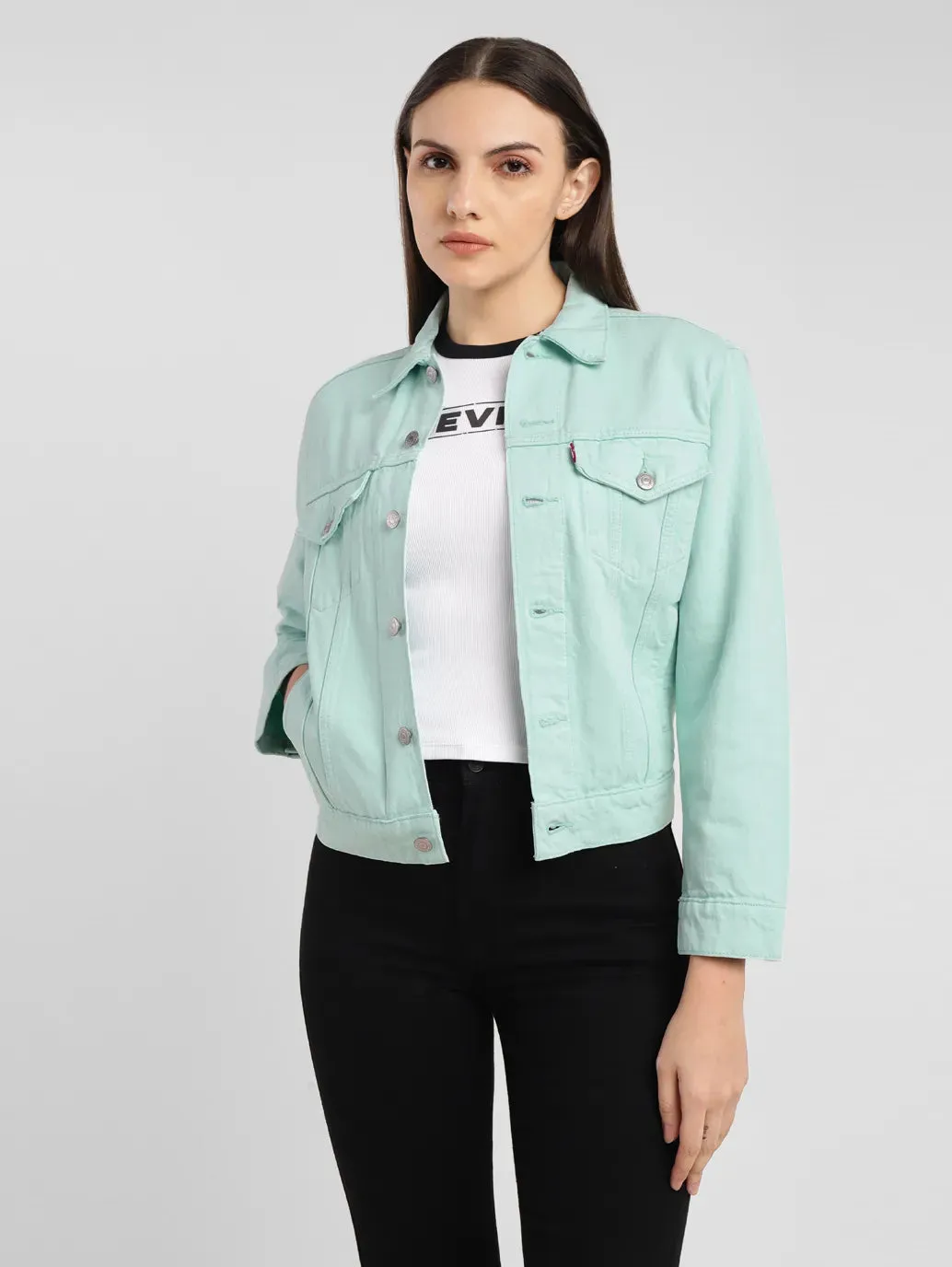 Women's Solid Spread Collar Denim Jacket Breathable Membrane