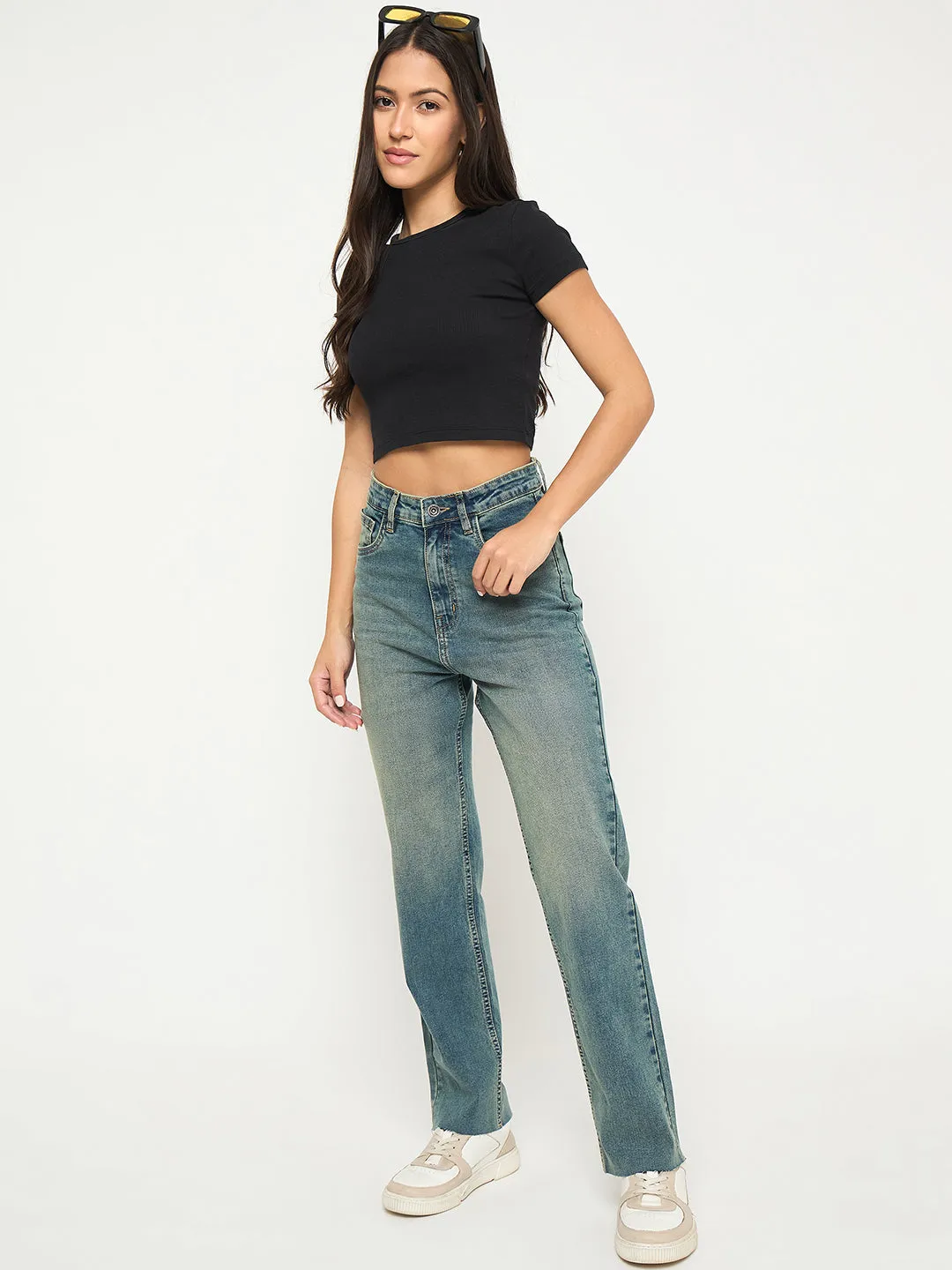 Spring Mood Office Wear Minimalist Light Wear Madame Whiskered Tinted Green Cotton Blend Jeans