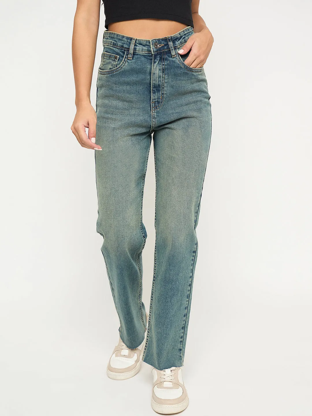 Madame Whiskered Tinted Green Cotton Blend Jeans Anytime Look Fresh Look