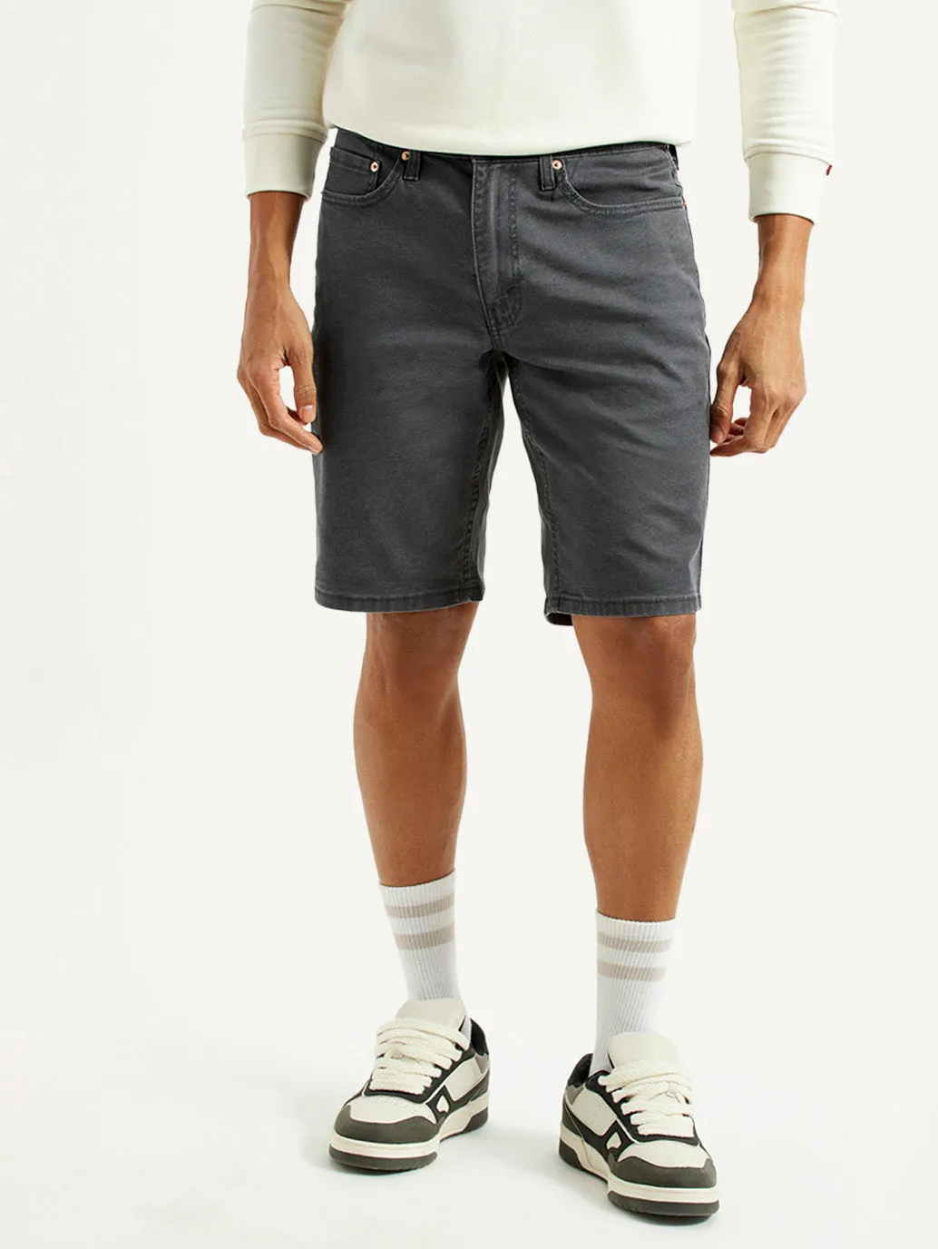 Relaxed Waist Men's Grey Tapered Mid Rise Shorts