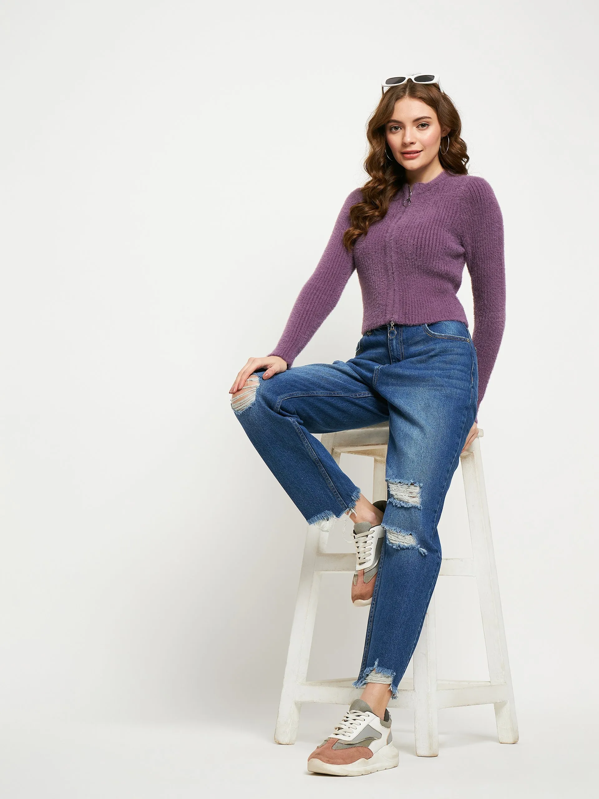 Comfortable Tailoring Madame Blue Straight Fit Distressed Jeans