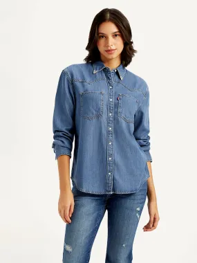Women's Solid Relaxed Fit Denim Shirt Compact Fold Design Urban Comfort
