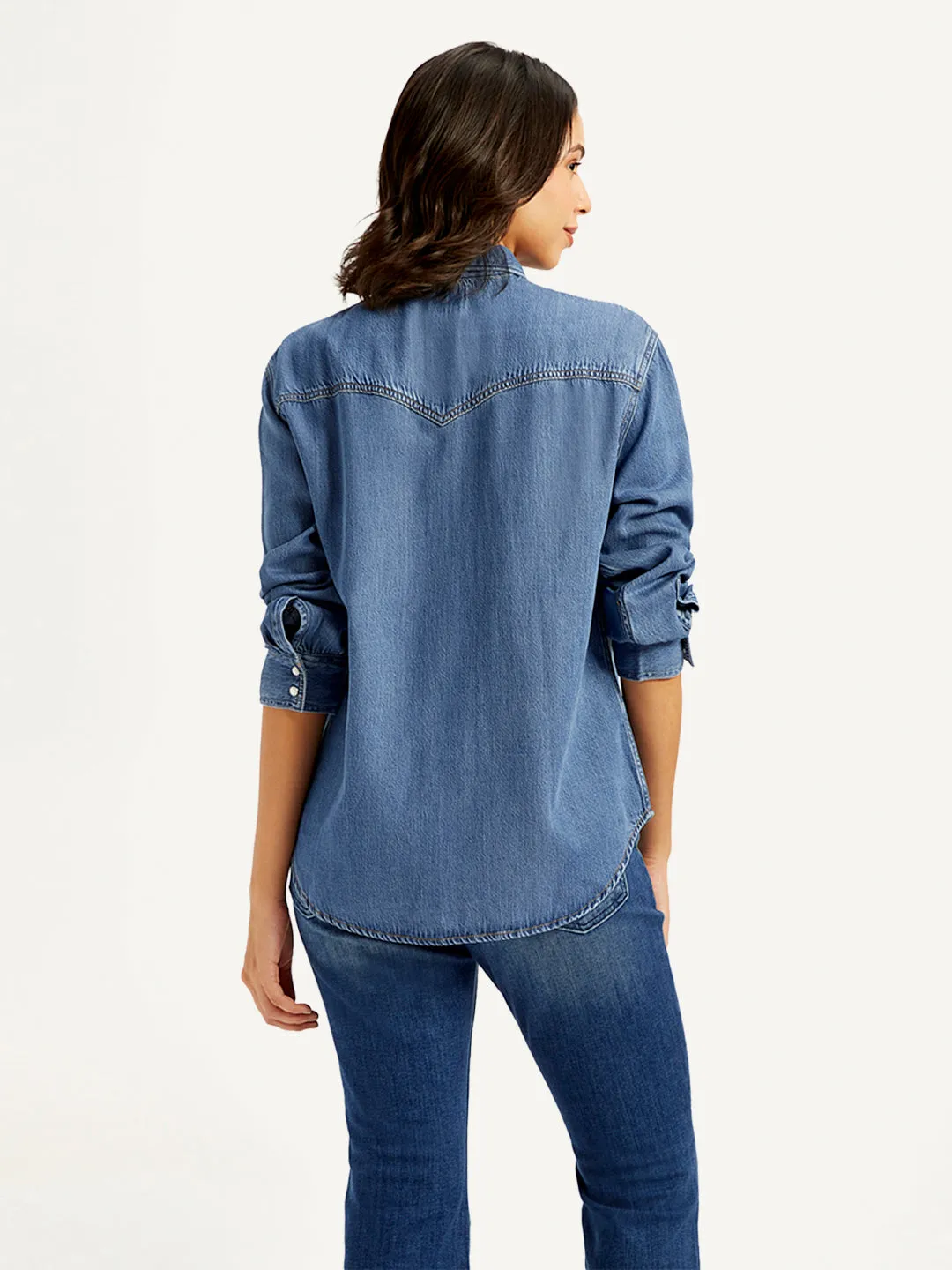 Women's Solid Relaxed Fit Denim Shirt Soft Stretch Collar Plus Size