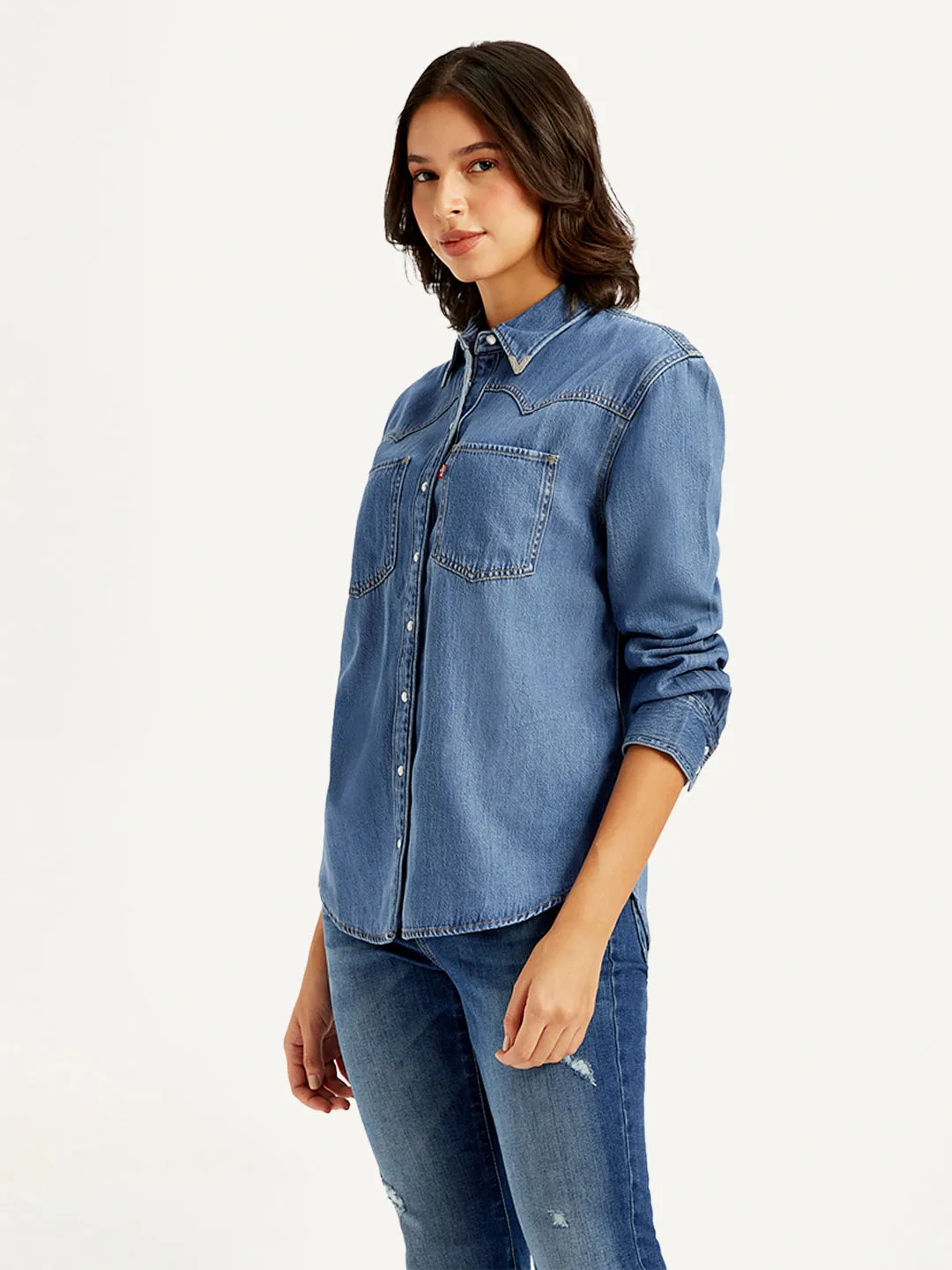 Women's Solid Relaxed Fit Denim Shirt Split hem Structured Collar