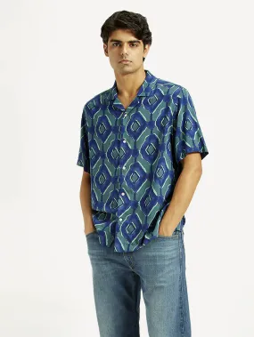 Wrinkle Resistant Business casual Men's Geometric Blue Camp Shirt