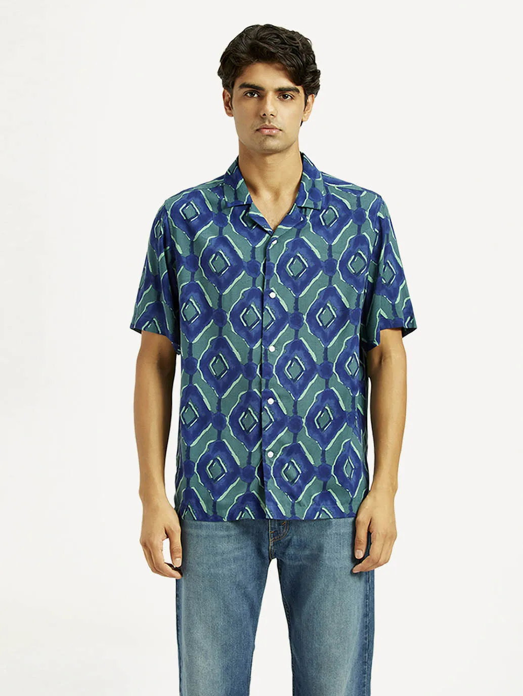 Conference Appropriate Plus size option Men's Geometric Blue Camp Shirt