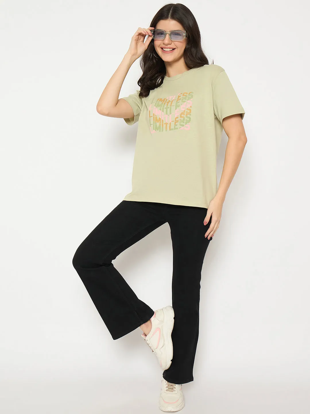 Fun Prints Madame Printed Pear Green Cotton T-shirt