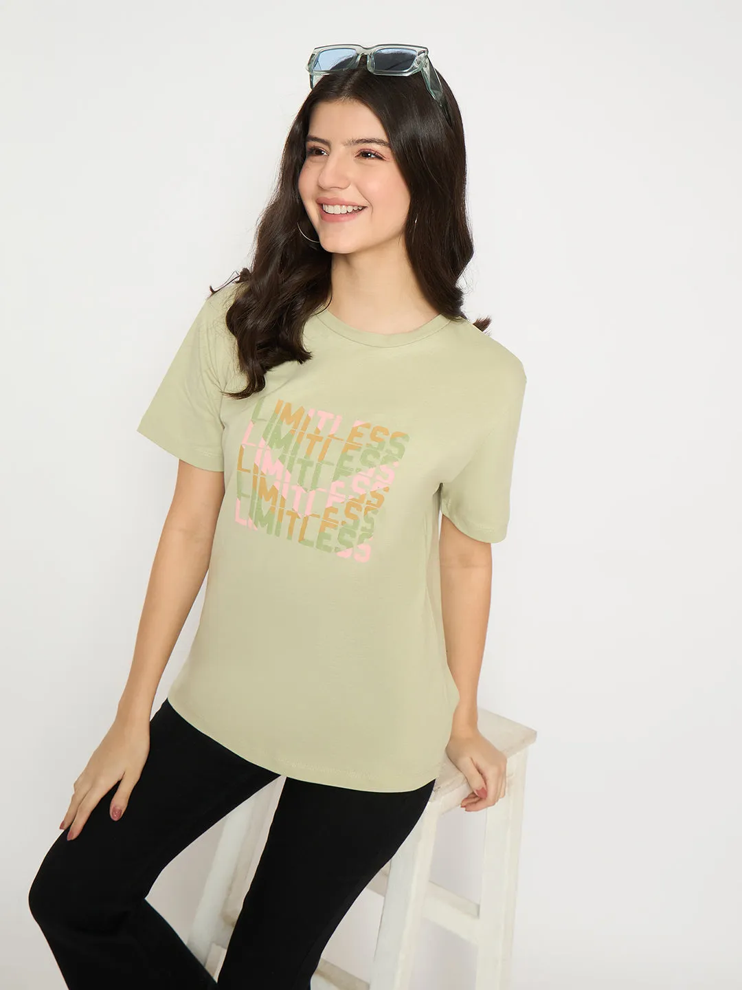 Madame Printed Pear Green Cotton T-shirt Eye-Catching Layer-Friendly