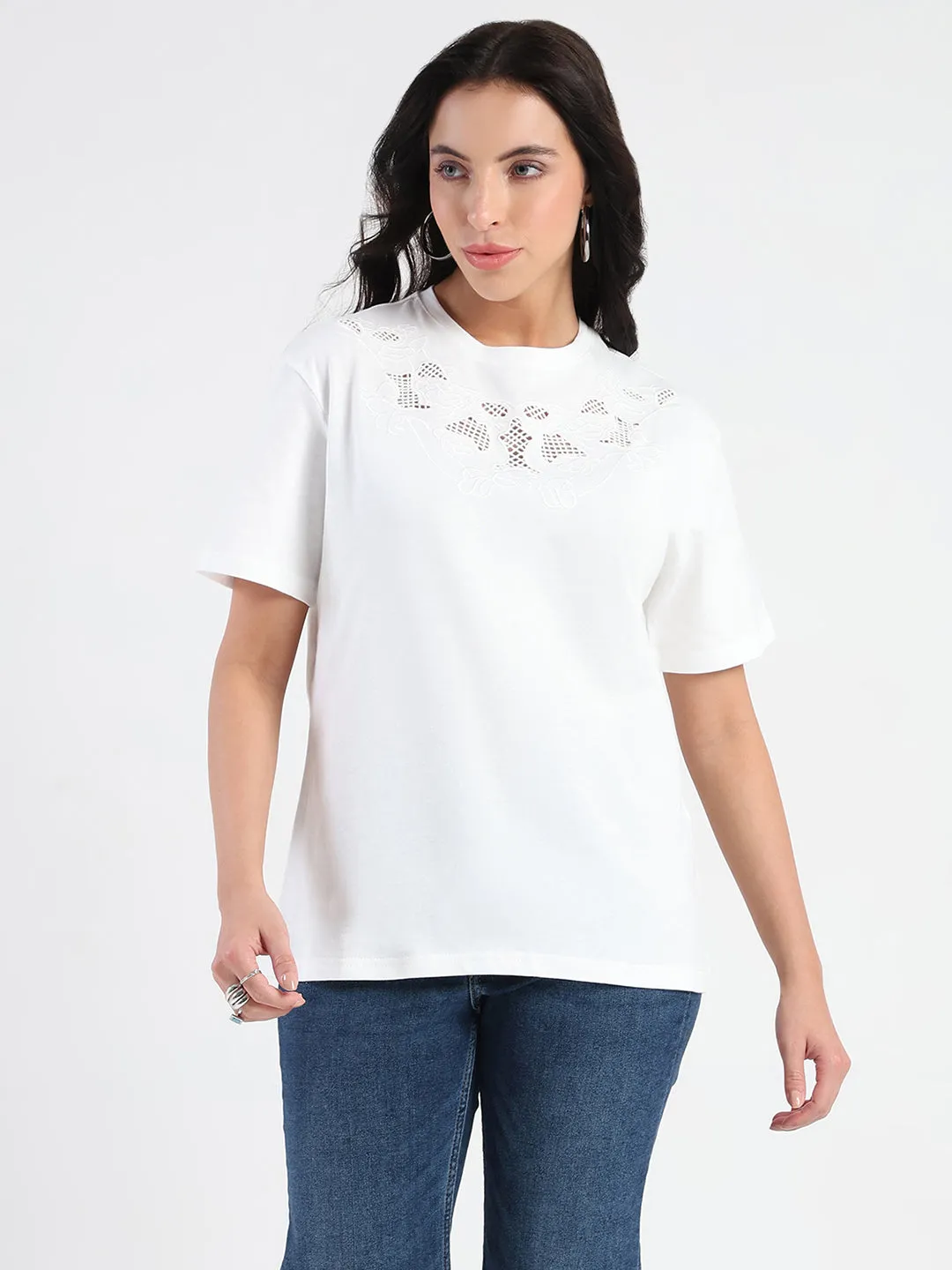 Urban Casual Look Madame Embroidered Round Neck White Cotton Lycra T-shirt