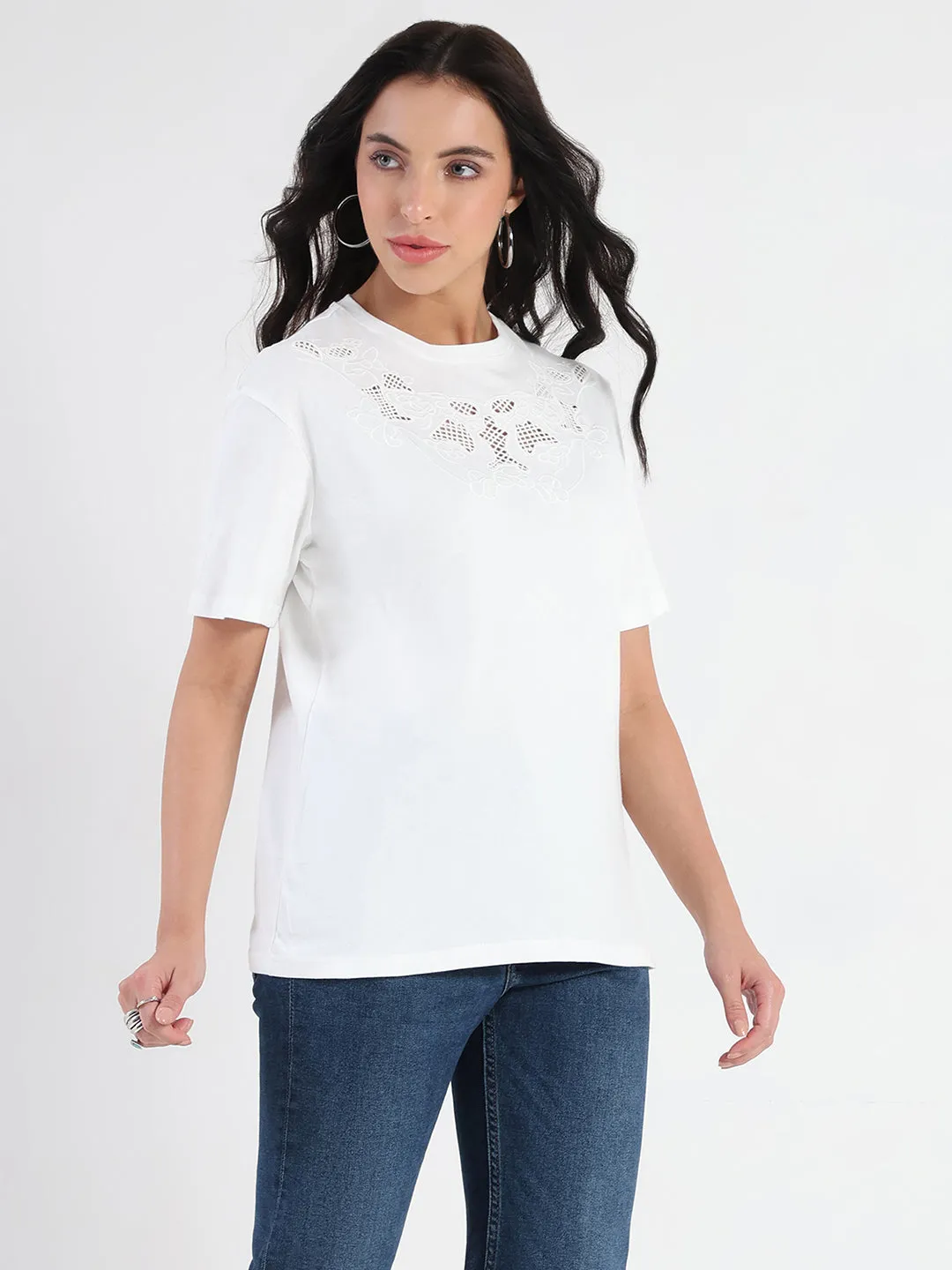 Madame Embroidered Round Neck White Cotton Lycra T-shirt Low Profile Collar Soft Waistband