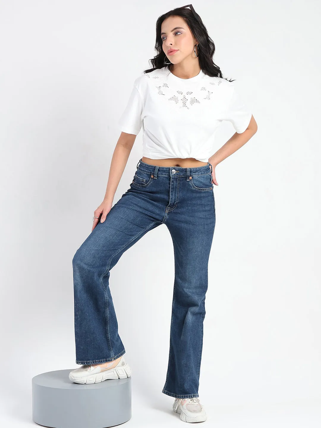 Madame Embroidered Round Neck White Cotton Lycra T-shirt Urban Streetwear Versatile Fit