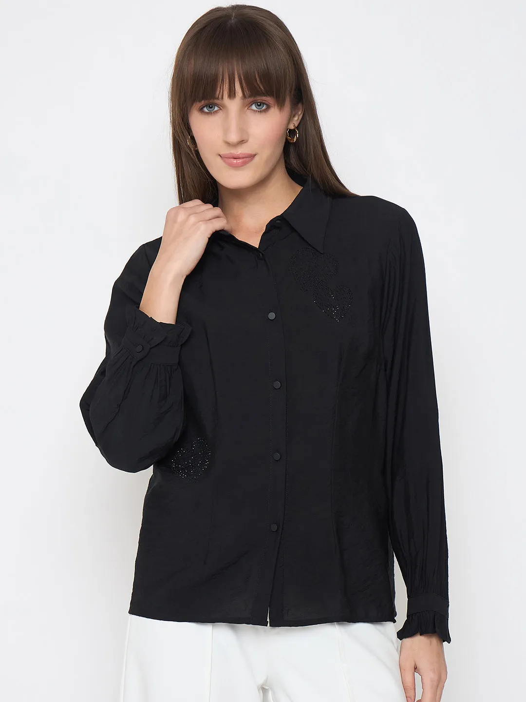 Festival Fashion Madame Nylon Blend Heart Embellished Buttoned Black Shirt