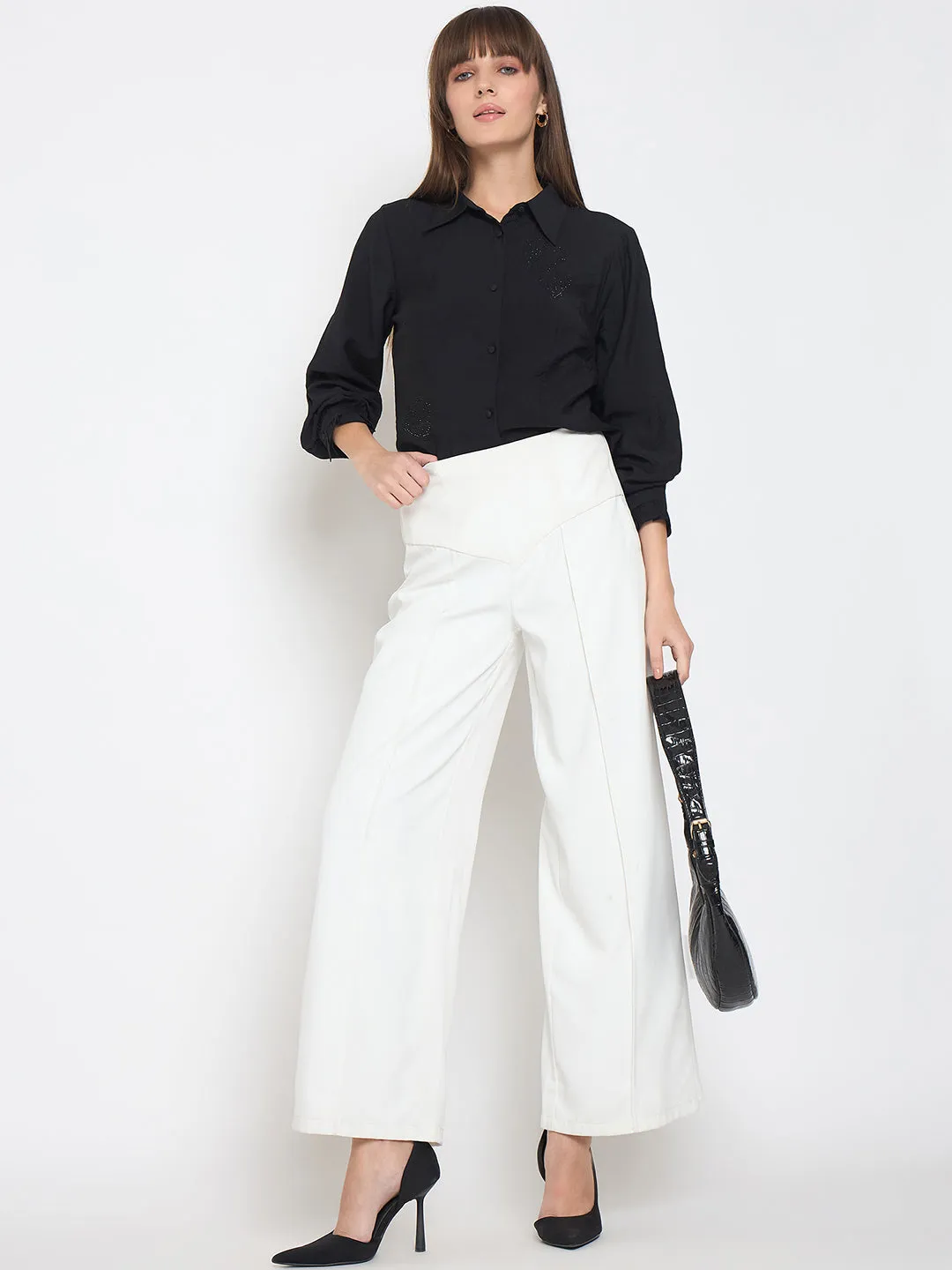 Comfortable Design Madame Nylon Blend Heart Embellished Buttoned Black Shirt