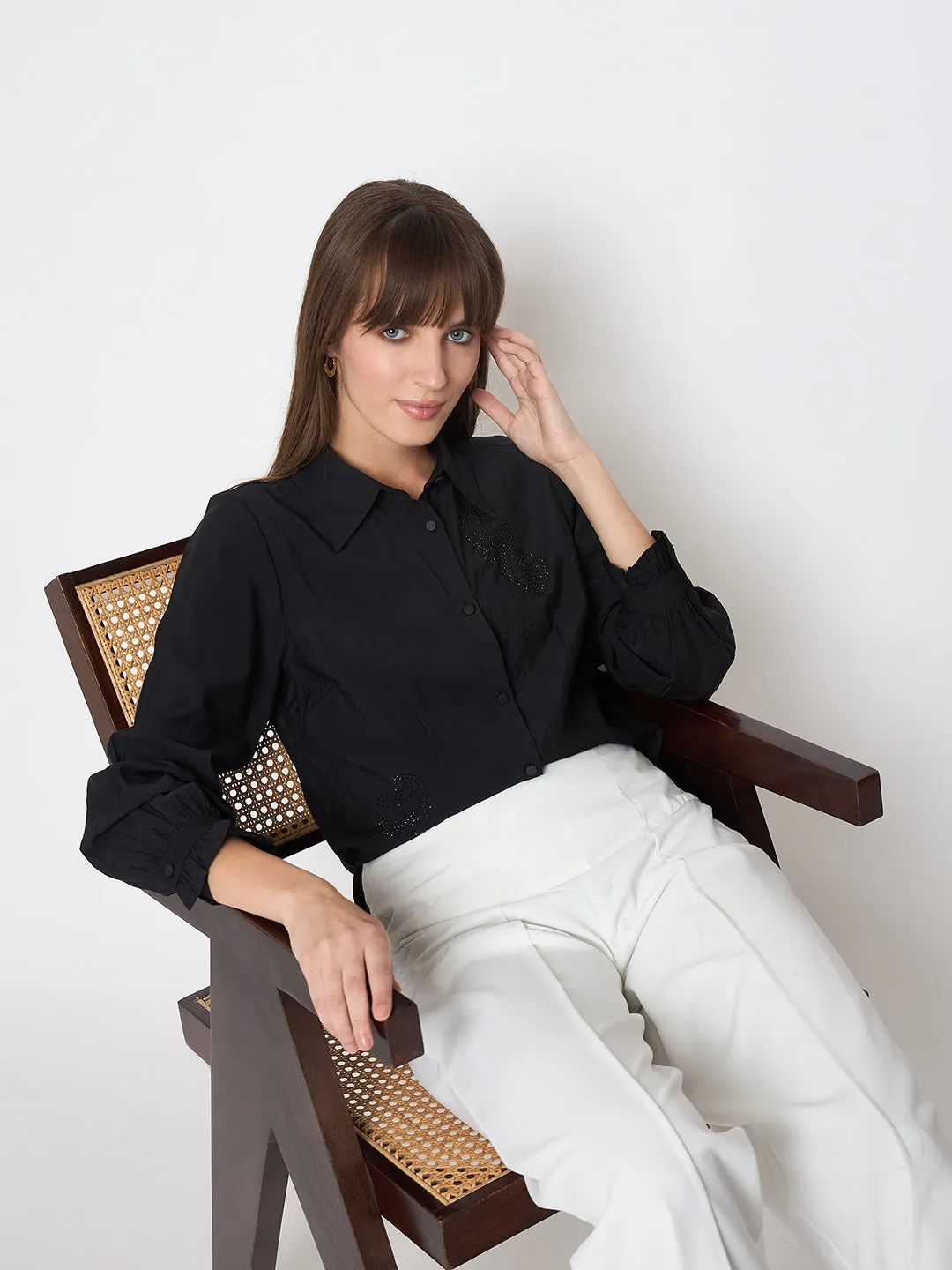 Classic Wear Luxury Feel Madame Nylon Blend Heart Embellished Buttoned Black Shirt