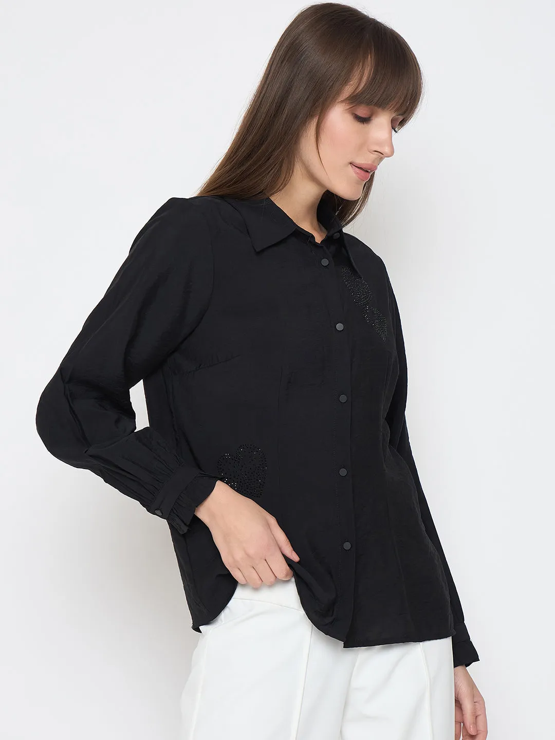 Madame Nylon Blend Heart Embellished Buttoned Black Shirt Yoke Design Durable Button Closures