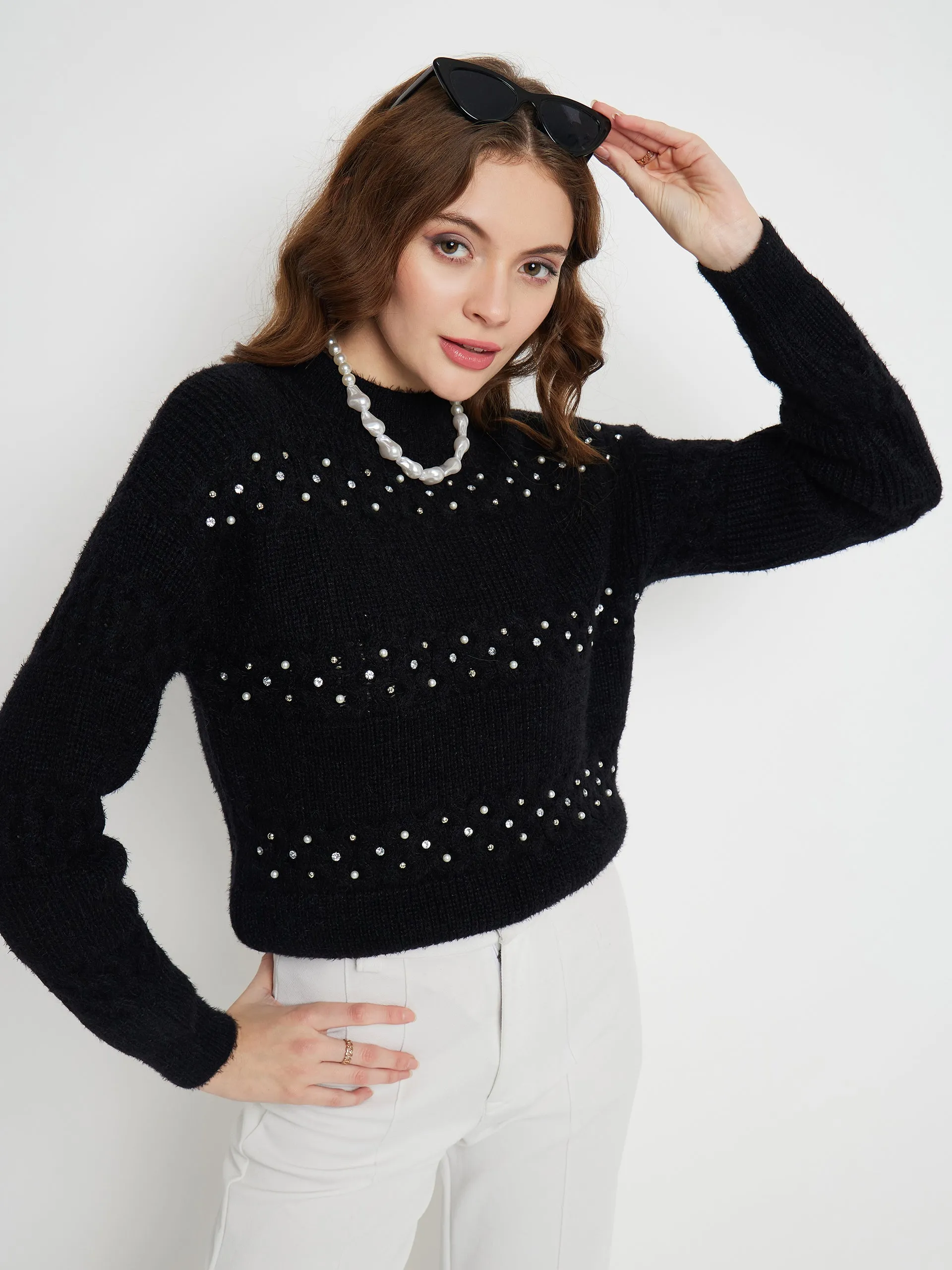 Madame Feather Knit Black Sweater Sleek Waistband