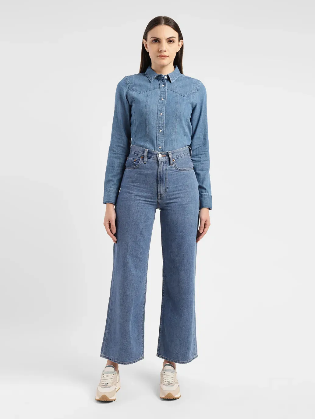 Textured Family Style Autumn Days Women's Blue Ribcage Bell Bottom Wide Leg Fit High Rise Jeans