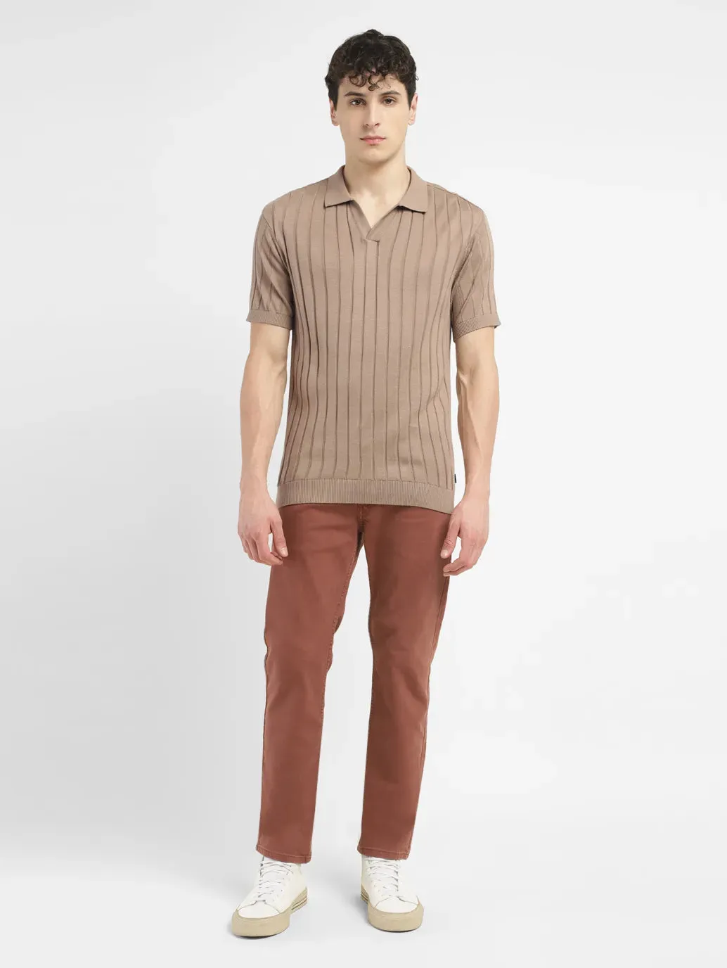 Weekend Vibes Versatile Outfit Men's Redloop Striped Khaki Polo Collar Sweater