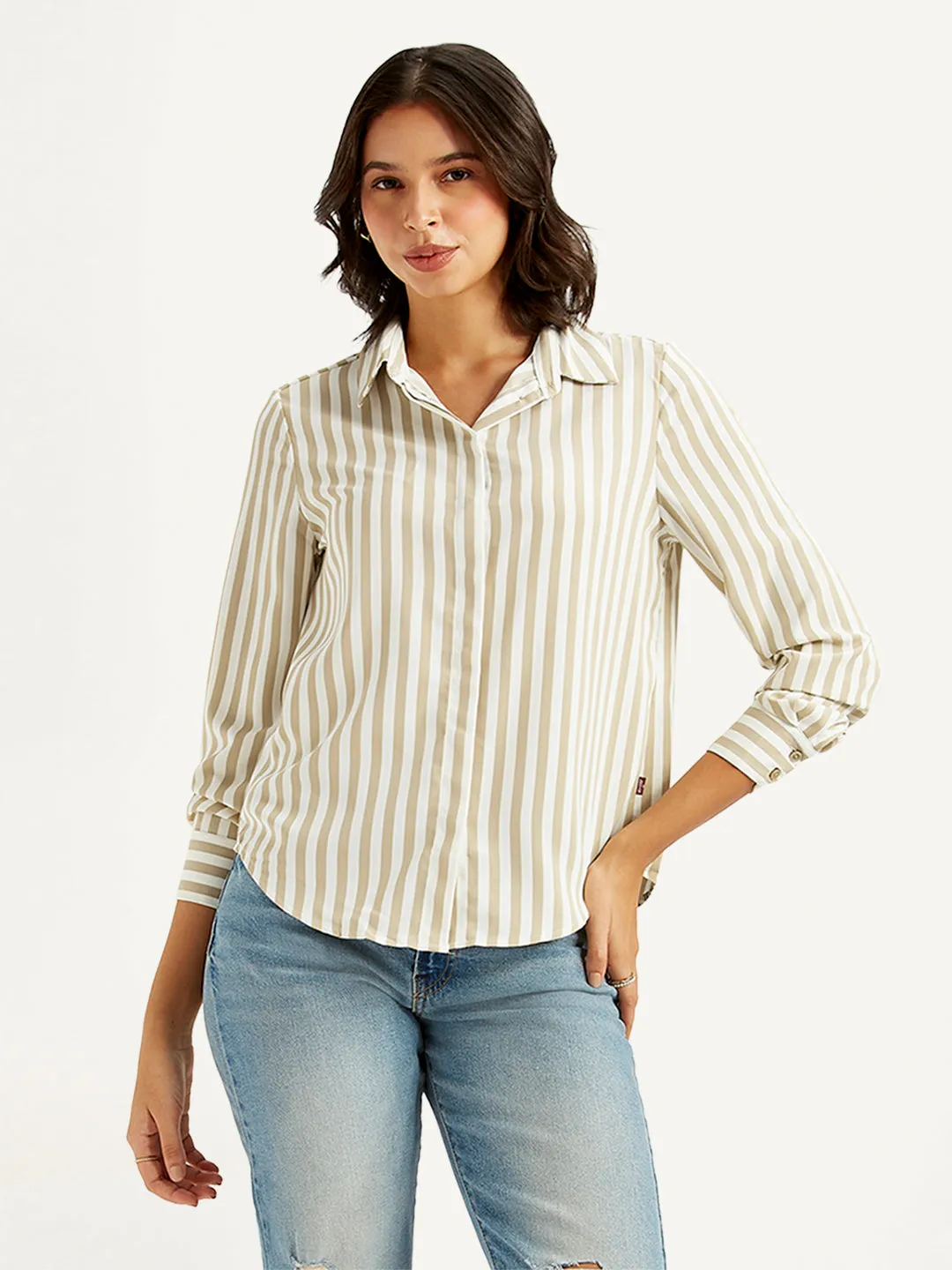 Military Inspired Geometric Design Women's Striped Spread Collar Shirt