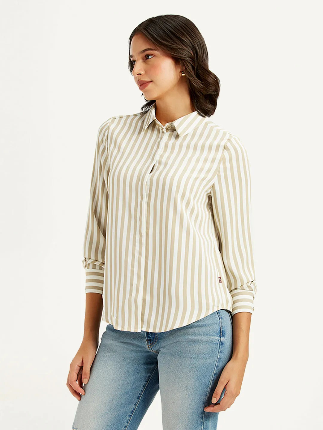 Breathable Material Women's Striped Spread Collar Shirt