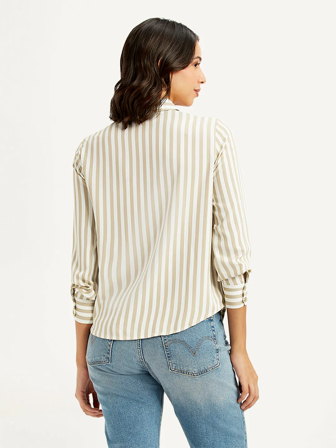 Stretchy Cloth Women's Striped Spread Collar Shirt