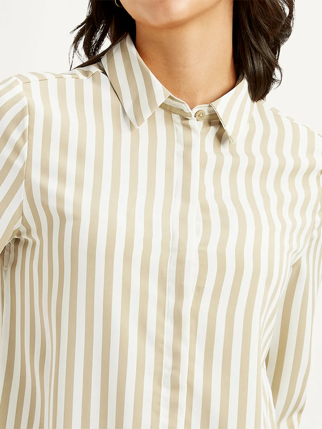 Cozy Fit High Street Fashion Women's Striped Spread Collar Shirt