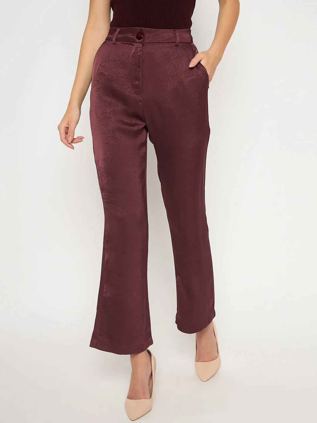 Madame Straight Fit Solid Maroon Trousers Flatlock Seams