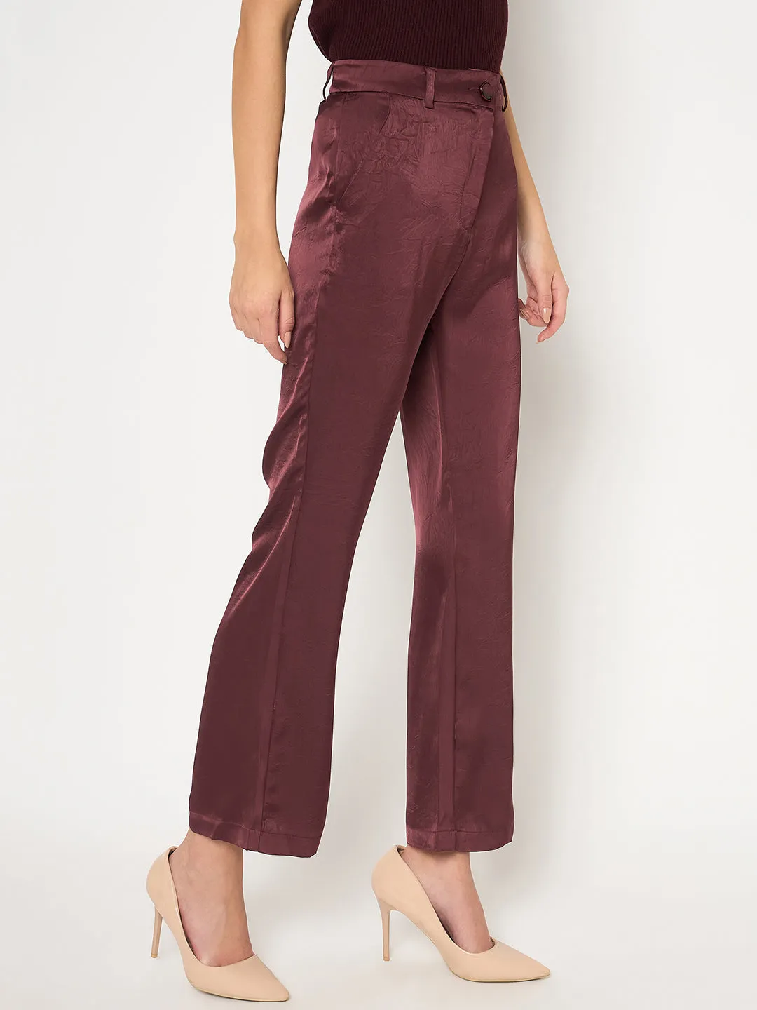 Madame Straight Fit Solid Maroon Trousers All Day Comfort