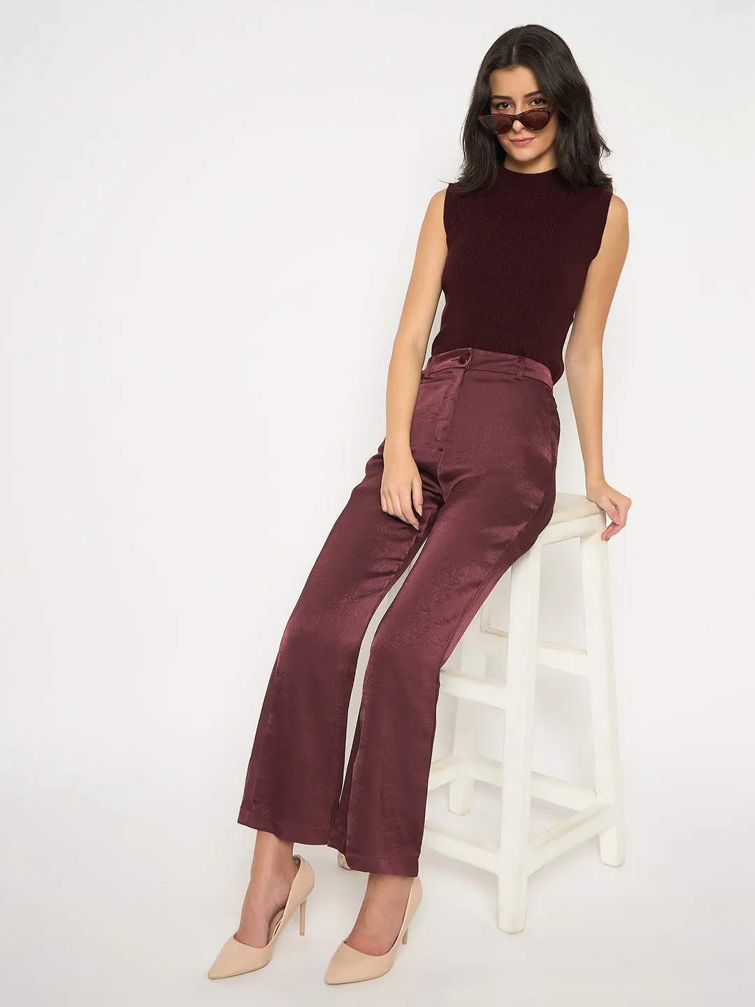 Functional Fit Madame Straight Fit Solid Maroon Trousers